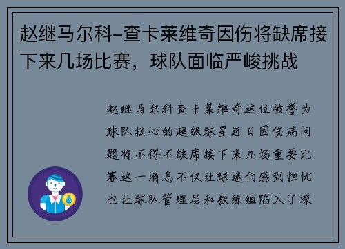 赵继马尔科-查卡莱维奇因伤将缺席接下来几场比赛，球队面临严峻挑战